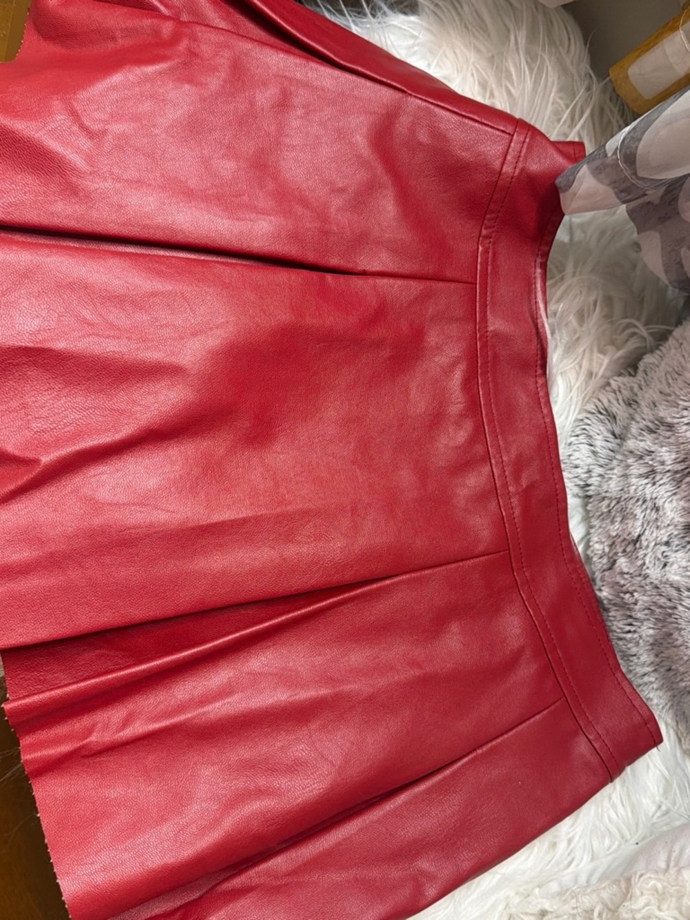 Red Pleated Faux Leather Skirt - Women